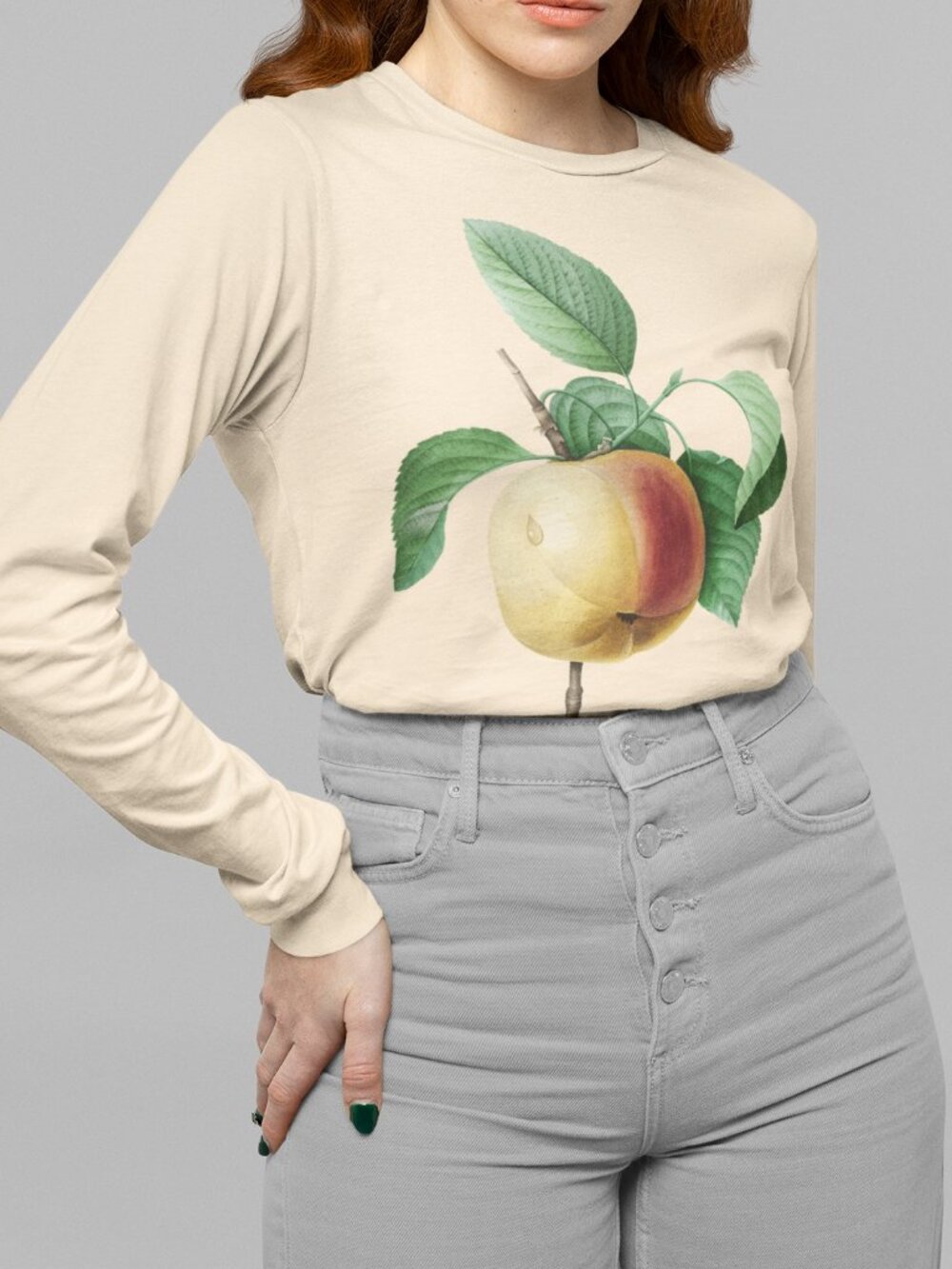 Apple Vintage Botanical Print Long Sleeve Graphic Tee T-shirt S-XXL